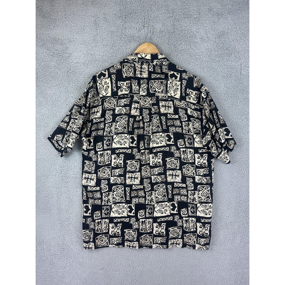 Vintage M.E. Sport Shirt Mens Medium Black Beige Rayon Hawaiian Tiki Camp Block - Picture 6 of 7